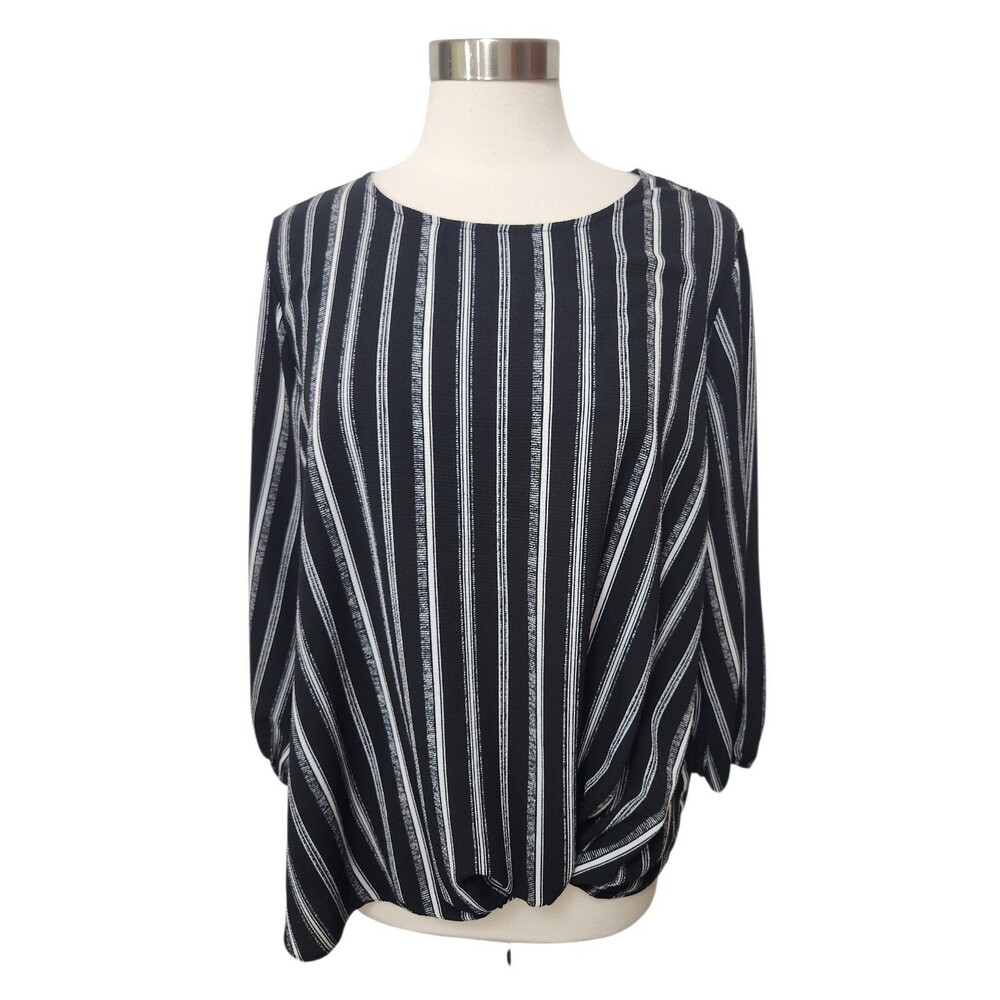 ROZ &ALI Womens Top 1X Black Stripe Twist Knot Hem Pullover 3/4 Sleeve Boho